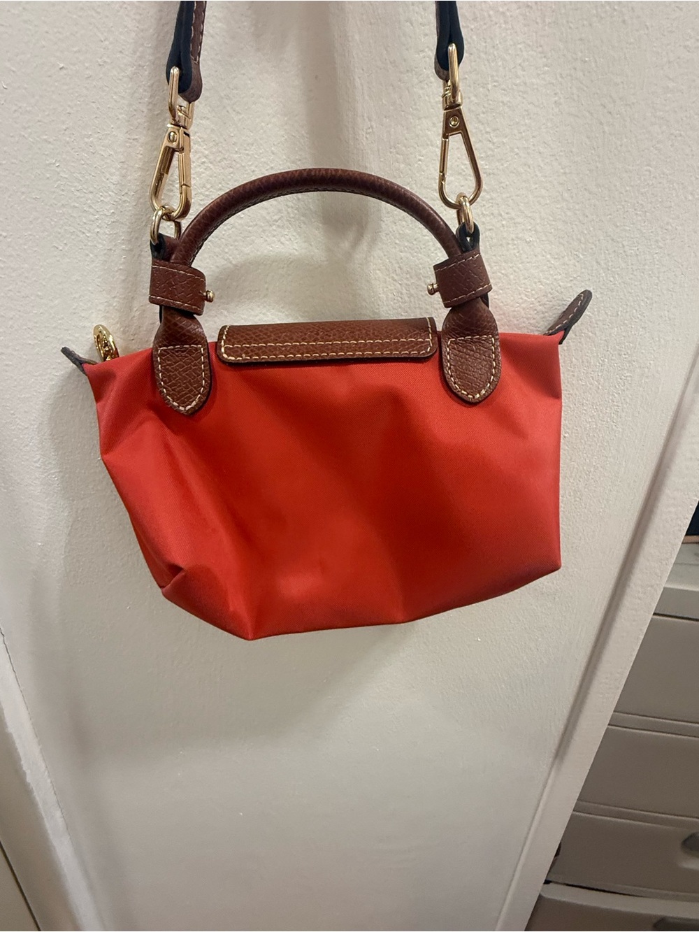 Longchamp Le Pilage cosmetic case Red Orange Crossbody Tote with Brown Trim - Picture 3 of 5